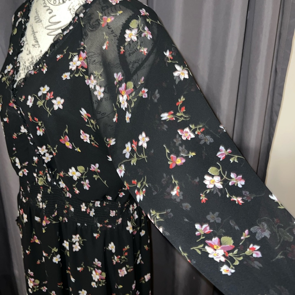 Madewell Black Floral Smocked Waist  Midi Dress/Size Large - Picture 6 of 11